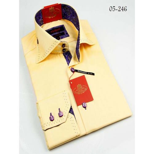 Axxess Yellow / Purple Handpick Stitching High Collar 100% Cotton Dress Shirt 05-246